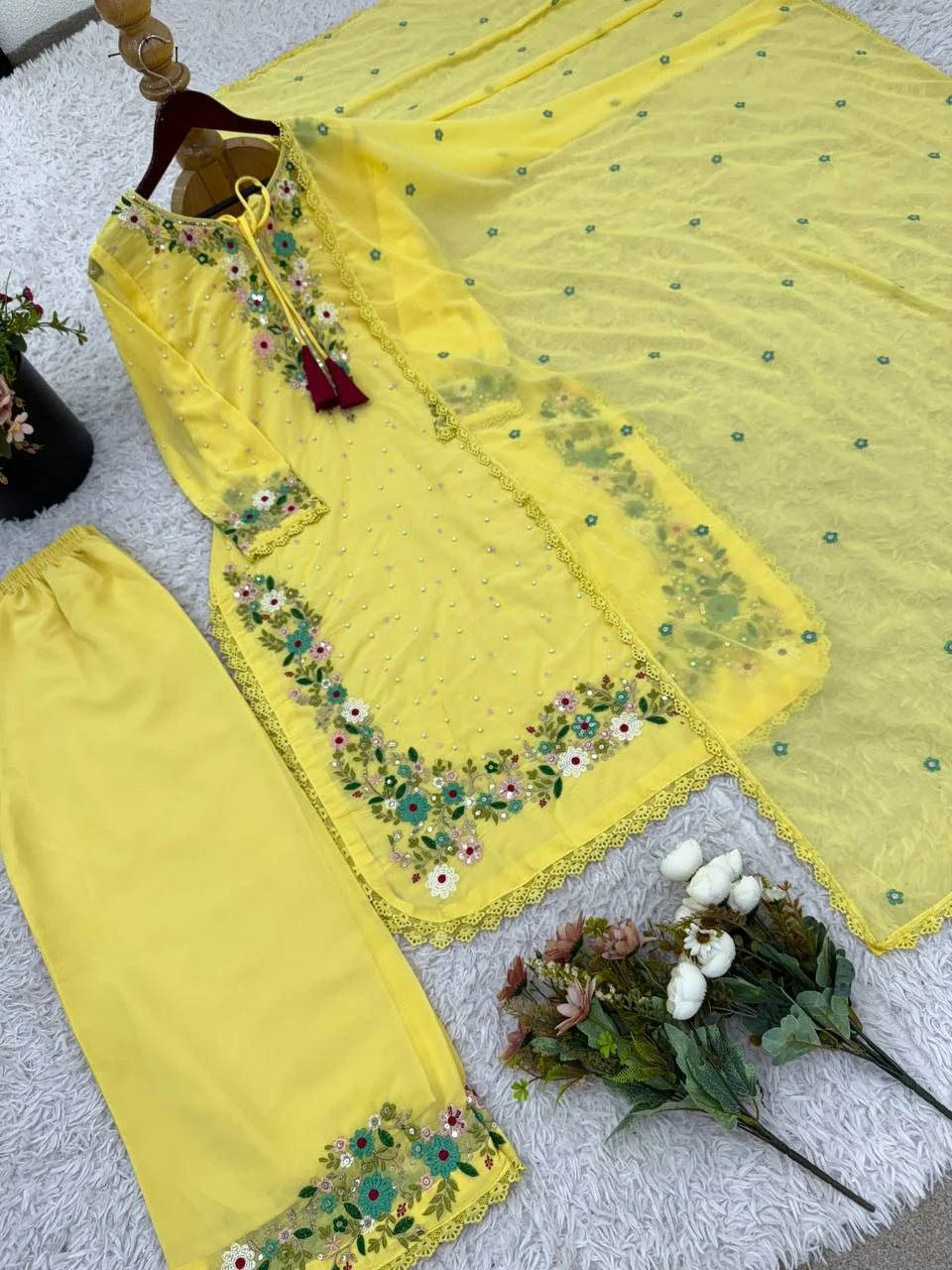 Premium Faux Georgette Embroidery Set with Top, Pant & Dupatta