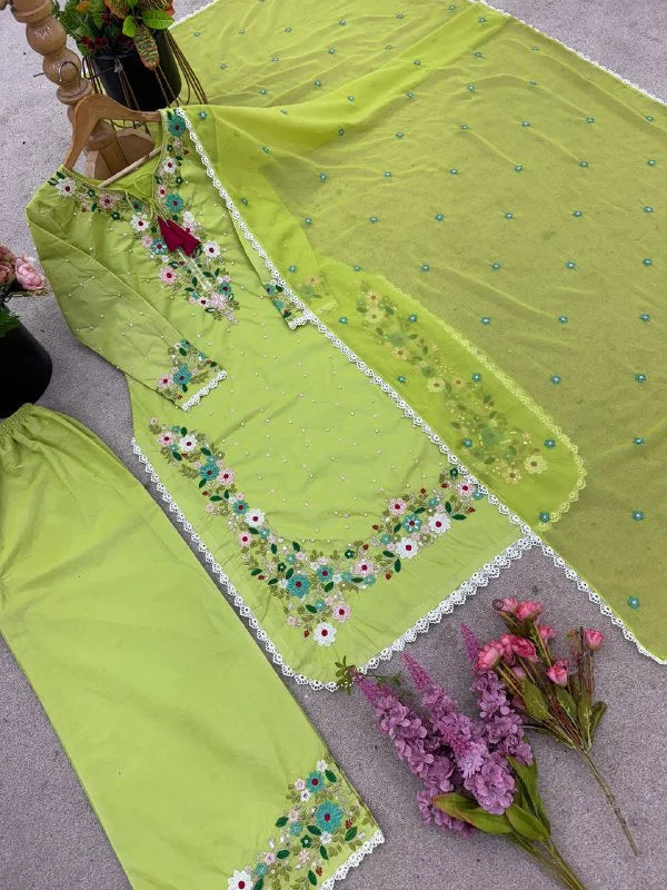 Festive Faux Georgette Embroidery Suit With Lace Dupatta