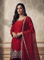 Designer Eid Wear: Royal Red Top Palazzo & Dupatta Set