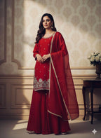 Designer Eid Wear: Royal Red Top Palazzo & Dupatta Set