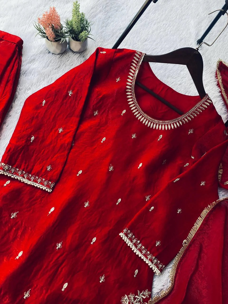 Designer Eid Wear: Royal Red Top Palazzo & Dupatta Set
