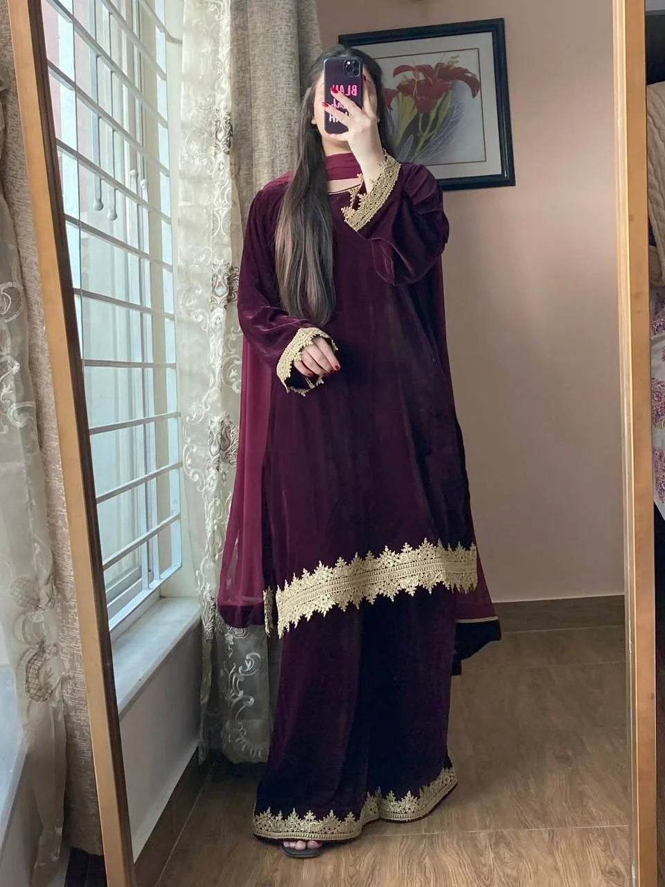 Elegant Velvet Embroidered Co-Ord Set with Georgette Dupatta