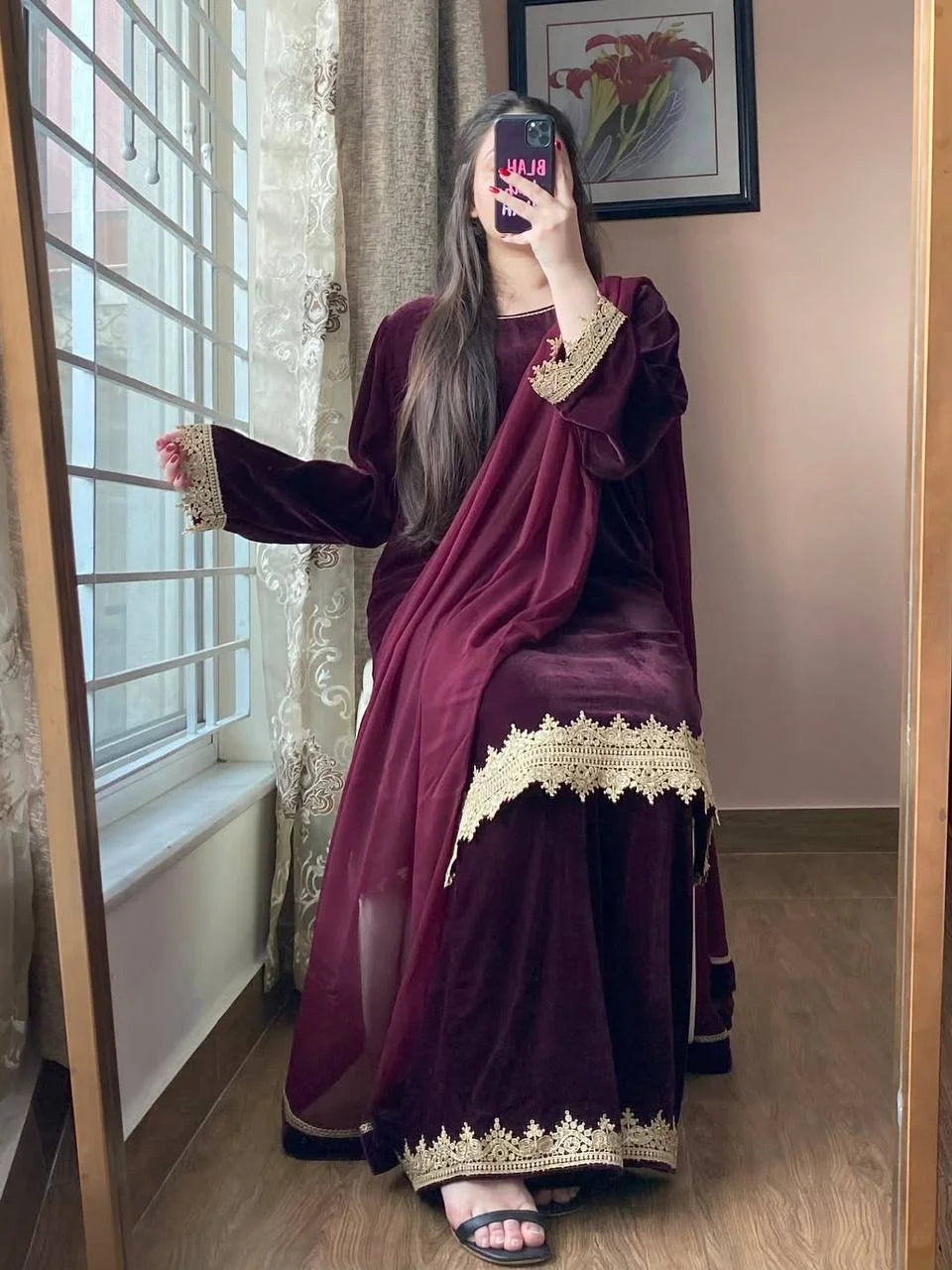 Elegant Velvet Embroidered Co-Ord Set with Georgette Dupatta