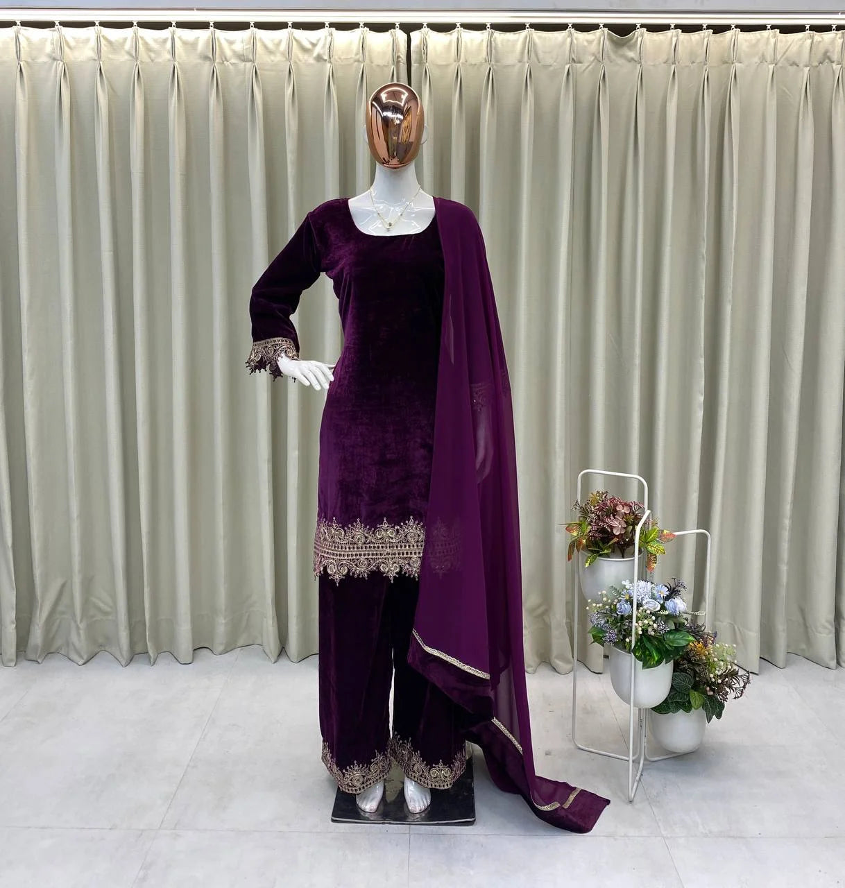 Elegant Velvet Embroidered Co-Ord Set with Georgette Dupatta