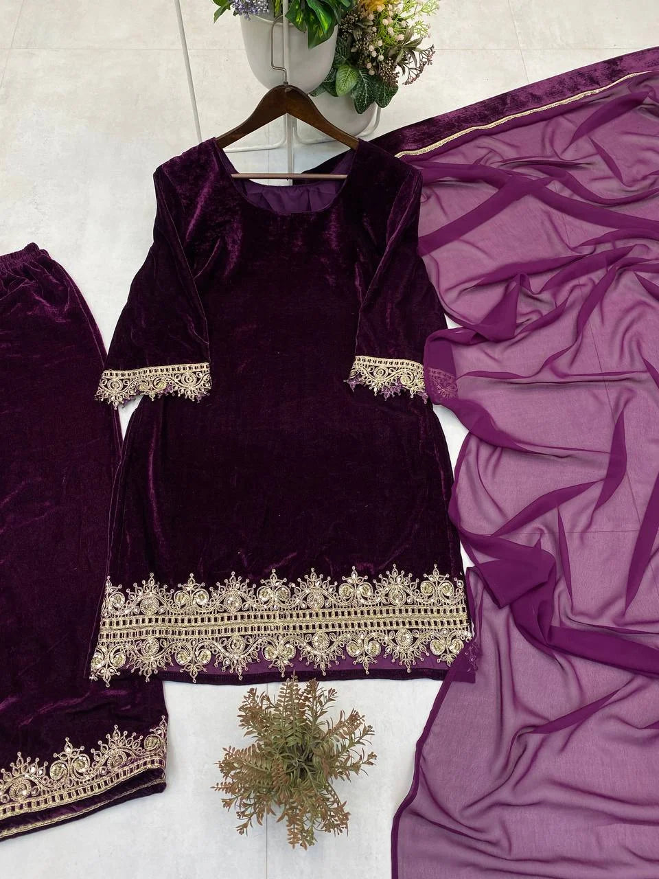 Elegant Velvet Embroidered Co-Ord Set with Georgette Dupatta