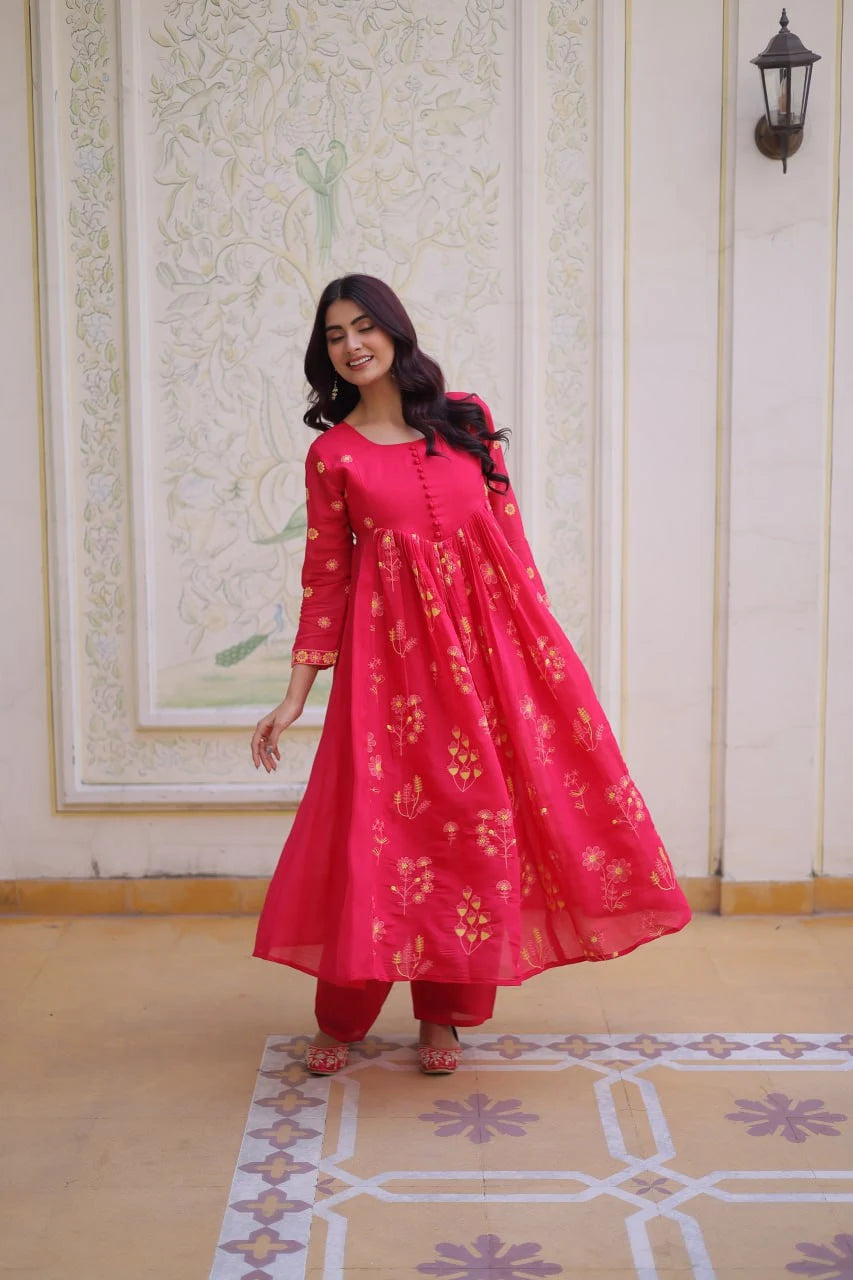 Traditional Floral Embroidered Kurti with Modern Pant Style