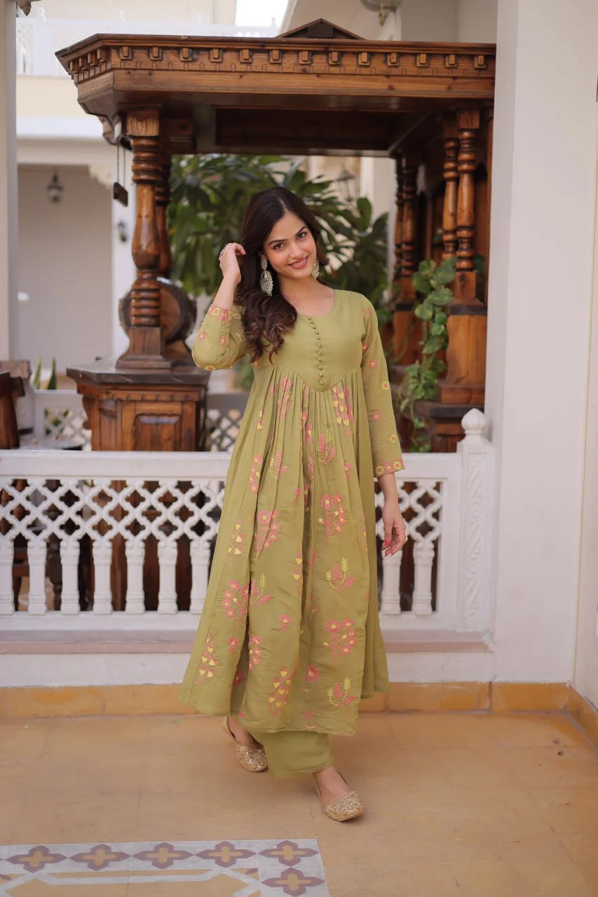Everyday Elegant Embroidered Kurti with Comfortable Silk Pants