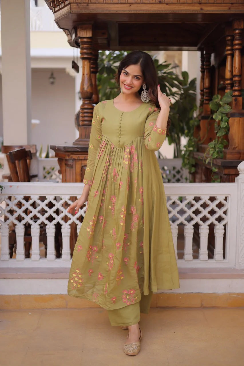 Everyday Elegant Embroidered Kurti with Comfortable Silk Pants