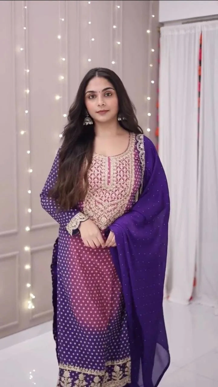 Glam Ethnic Edit: Printed Chinon Outfit with Embroidery & Designer Dupatta