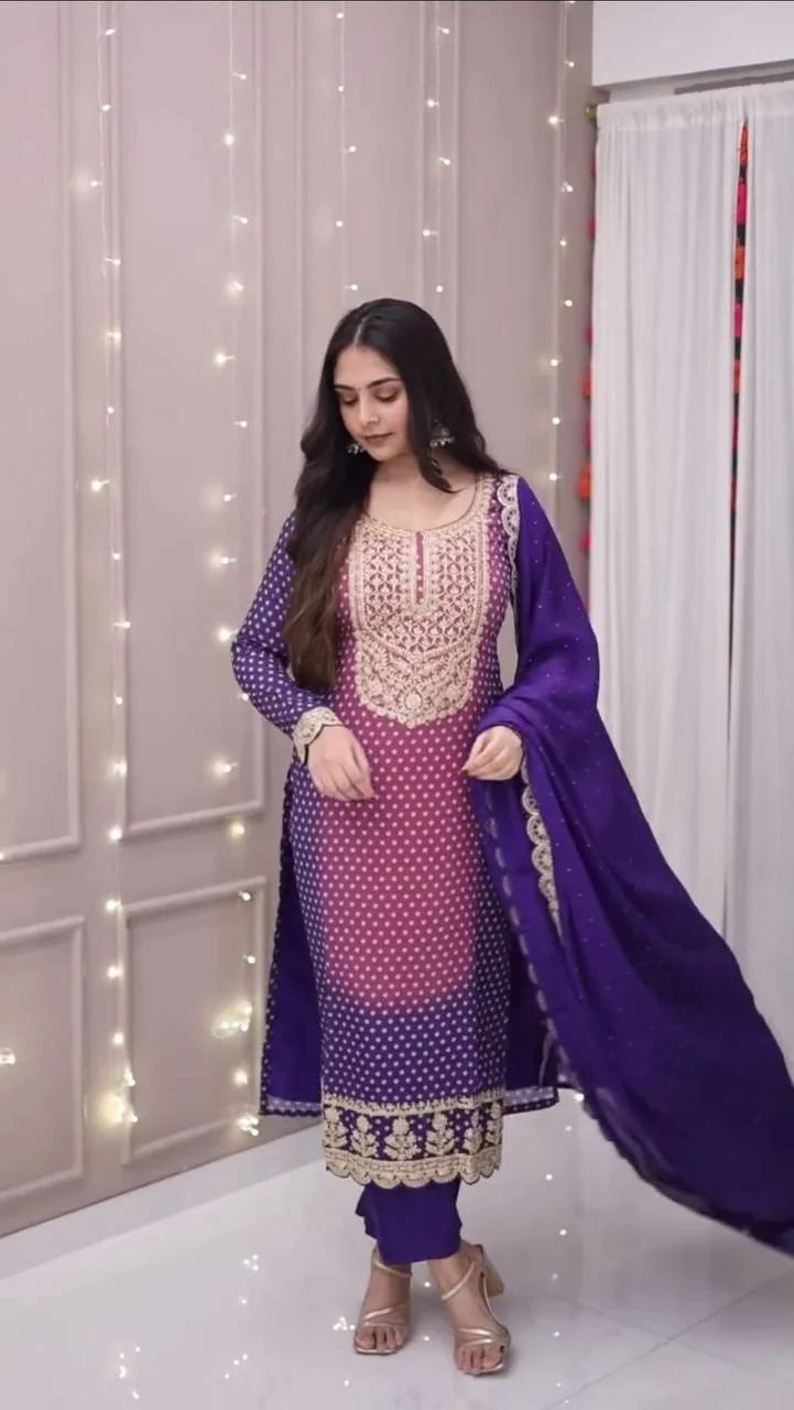 Glam Ethnic Edit: Printed Chinon Outfit with Embroidery & Designer Dupatta