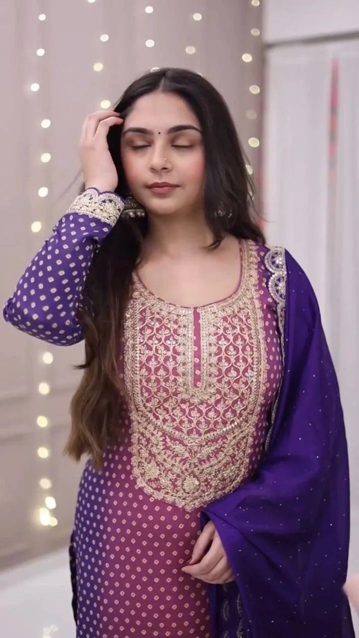 Glam Ethnic Edit: Printed Chinon Outfit with Embroidery & Designer Dupatta