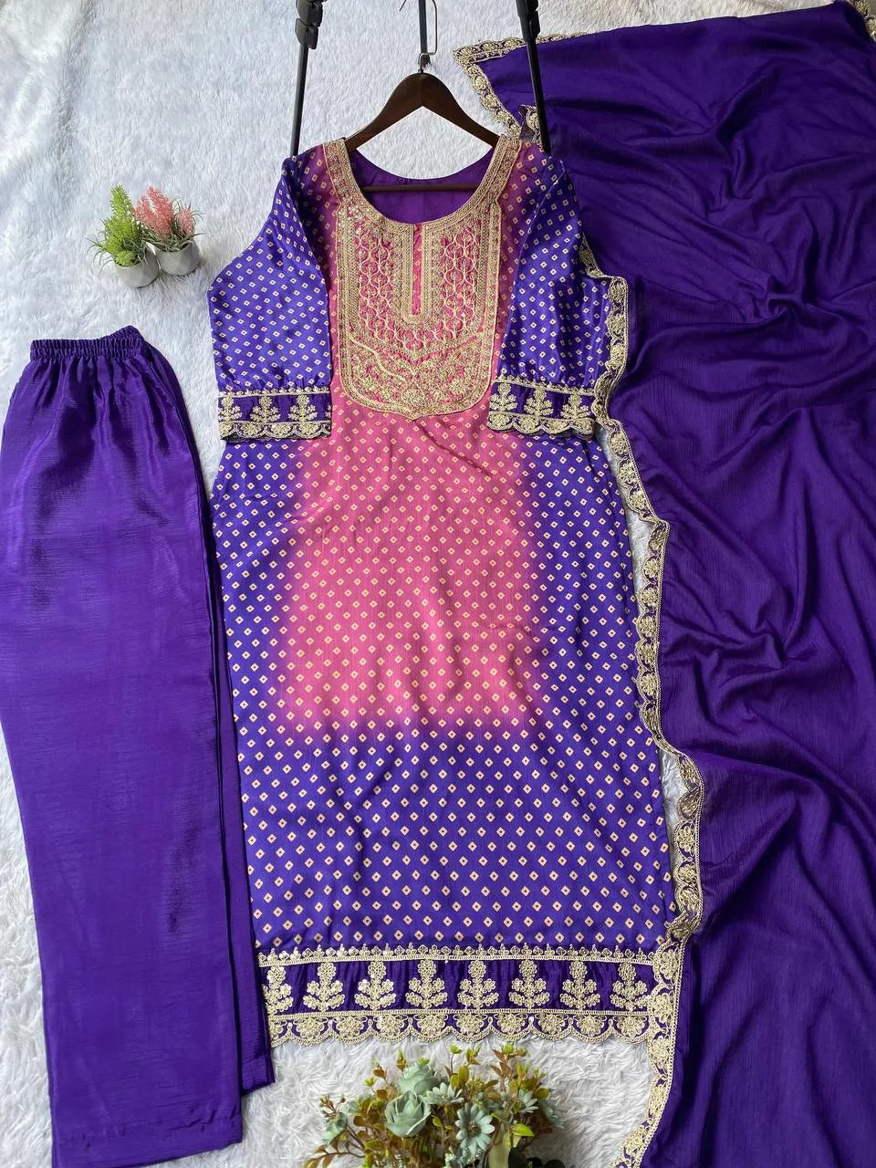 Glam Ethnic Edit: Printed Chinon Outfit with Embroidery & Designer Dupatta