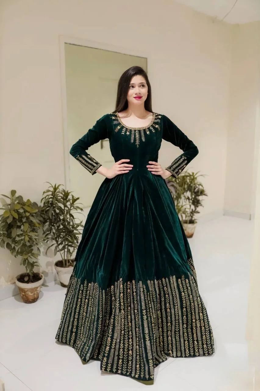 Premium Velvet Anarkali Outfit with Sequence Work & Elastic Pant