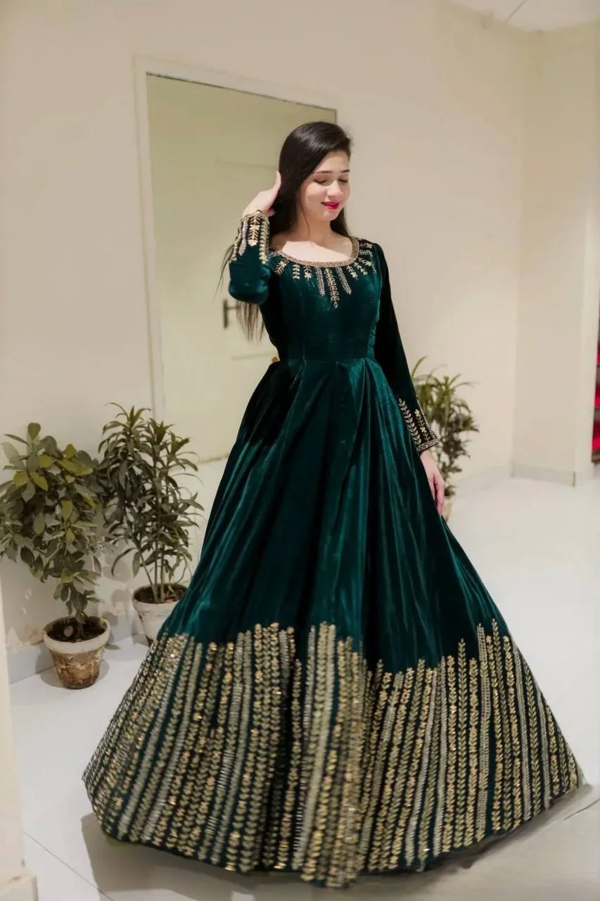 Premium Velvet Anarkali Outfit with Sequence Work & Elastic Pant
