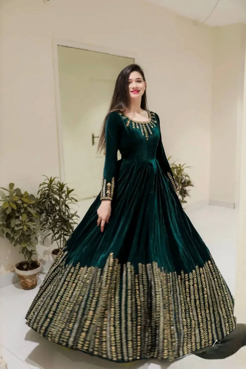 Premium Velvet Anarkali Outfit with Sequence Work & Elastic Pant