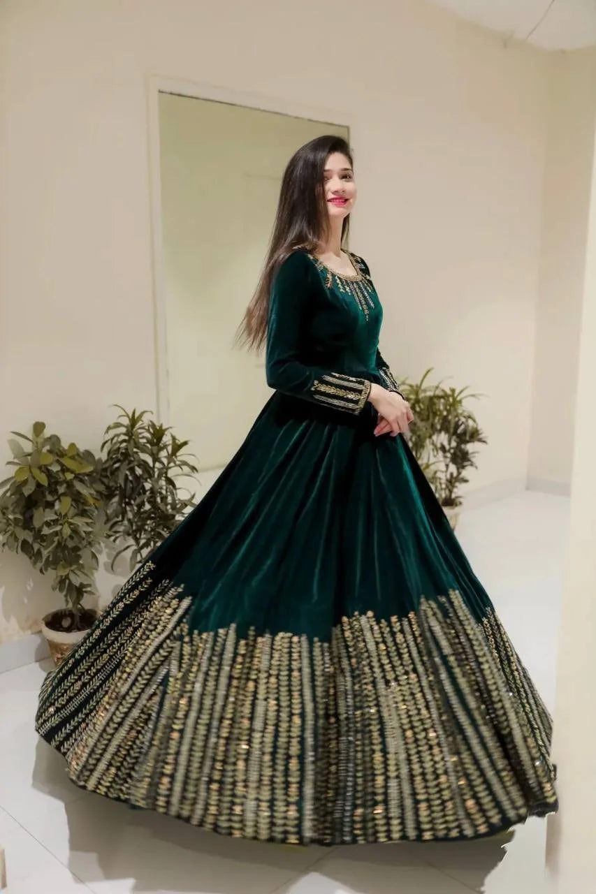 Premium Velvet Anarkali Outfit with Sequence Work & Elastic Pant