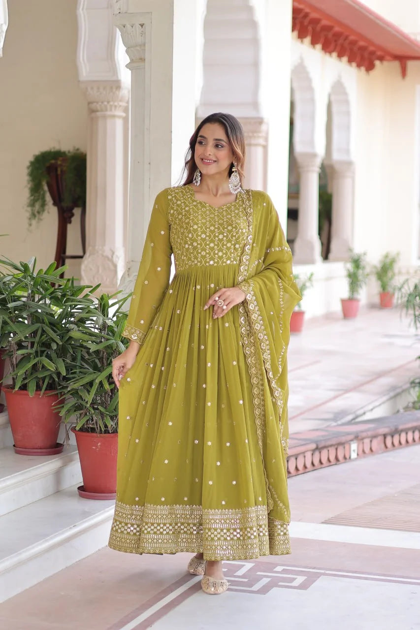 Faux Georgette Designer Gown With Sequence & Zari Embroidery