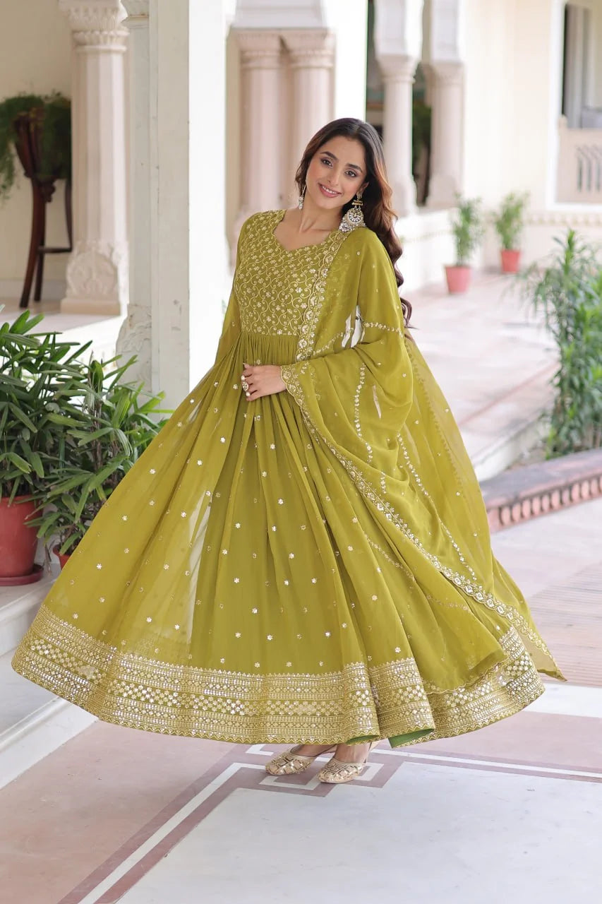 Faux Georgette Designer Gown With Sequence & Zari Embroidery