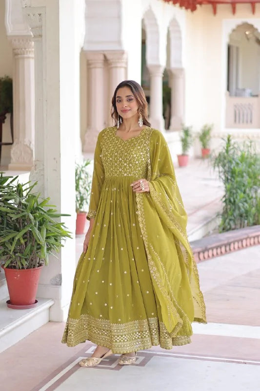 Faux Georgette Designer Gown With Sequence & Zari Embroidery