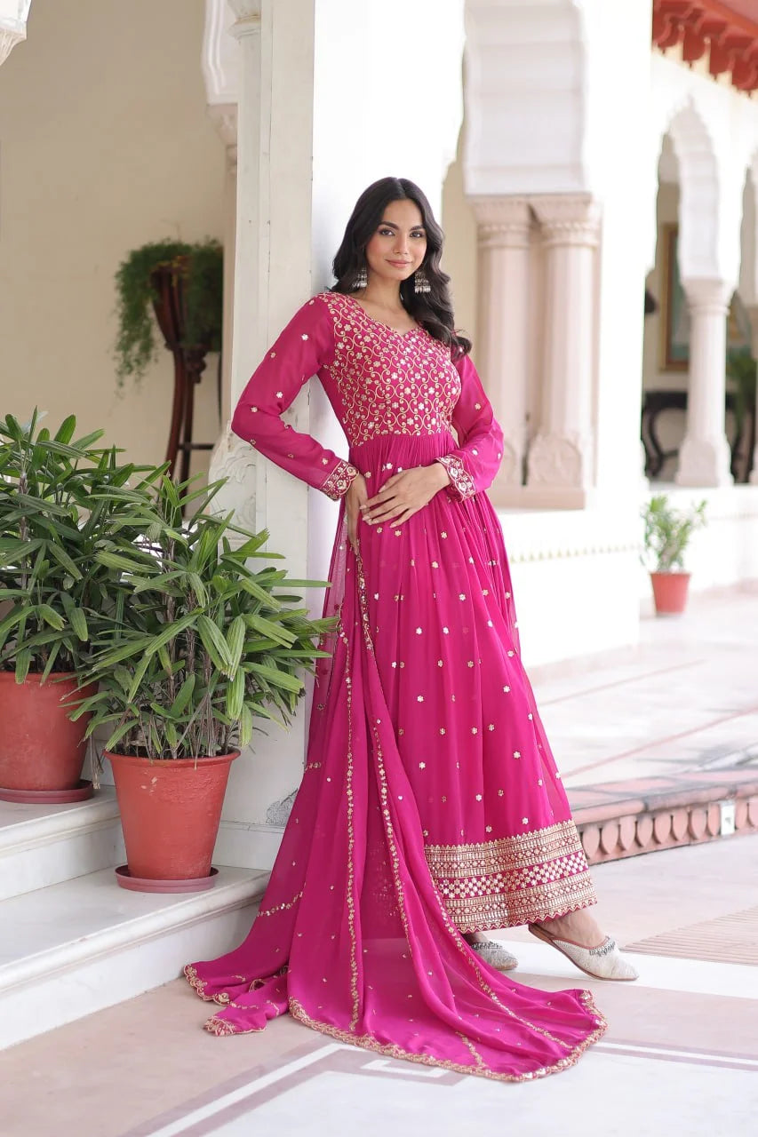 Heavy Sequence & Zari Embroidery Gown With Full Sleeves & Designer Dupatta