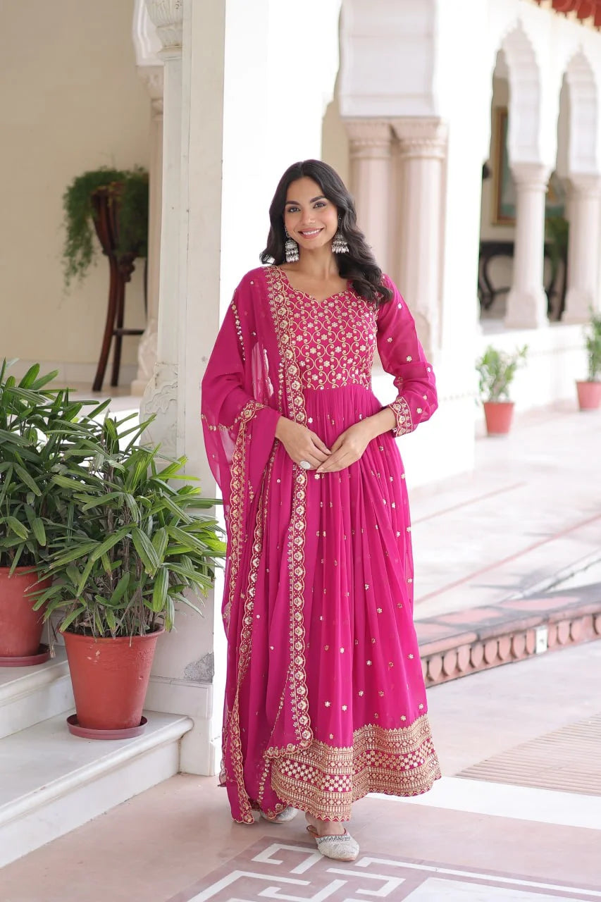 Heavy Sequence & Zari Embroidery Gown With Full Sleeves & Designer Dupatta