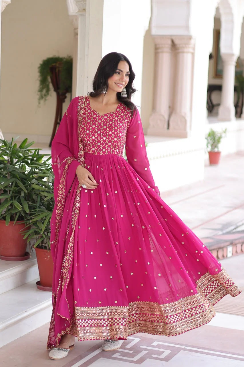 Heavy Sequence & Zari Embroidery Gown With Full Sleeves & Designer Dupatta