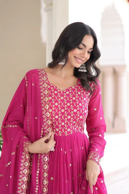 Heavy Sequence & Zari Embroidery Gown With Full Sleeves & Designer Dupatta