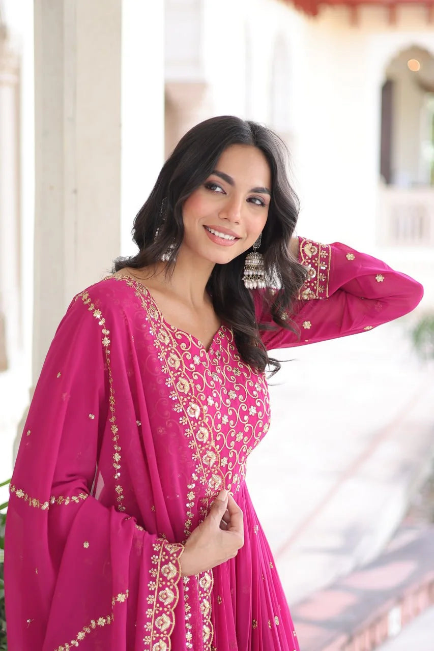 Heavy Sequence & Zari Embroidery Gown With Full Sleeves & Designer Dupatta
