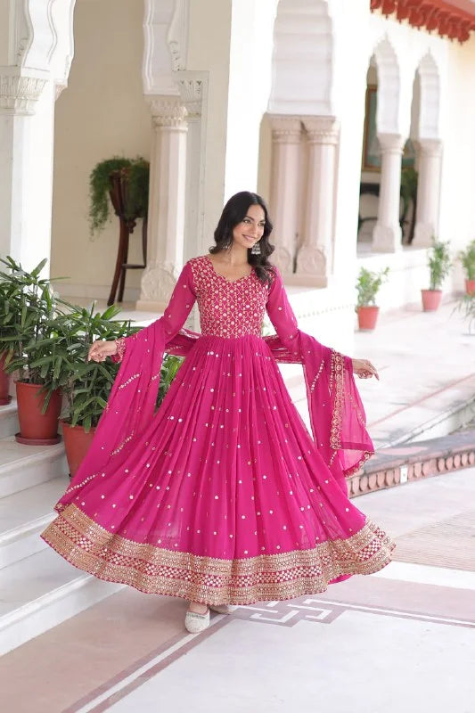 Heavy Sequence & Zari Embroidery Gown With Full Sleeves & Designer Dupatta