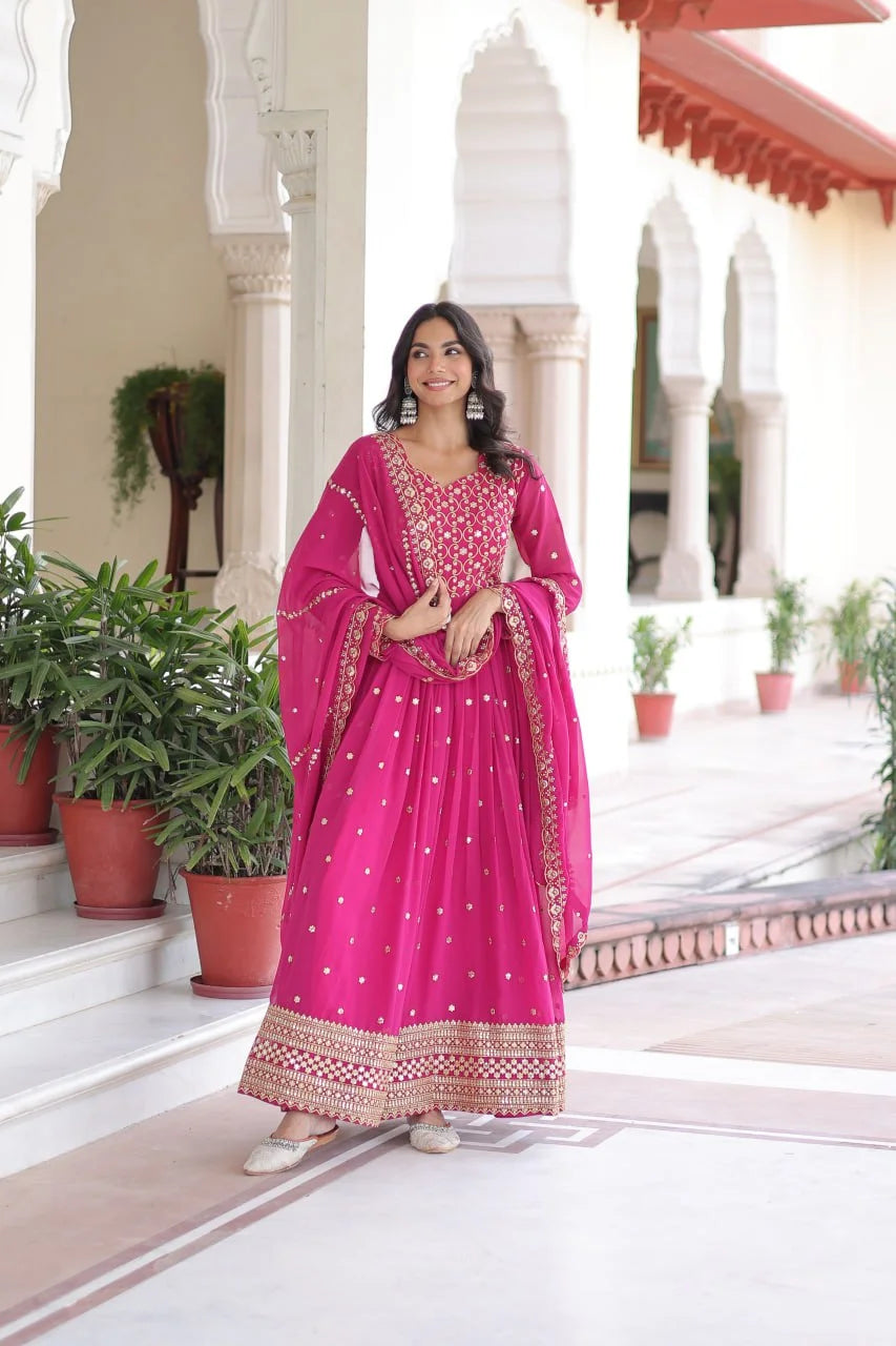 Heavy Sequence & Zari Embroidery Gown With Full Sleeves & Designer Dupatta