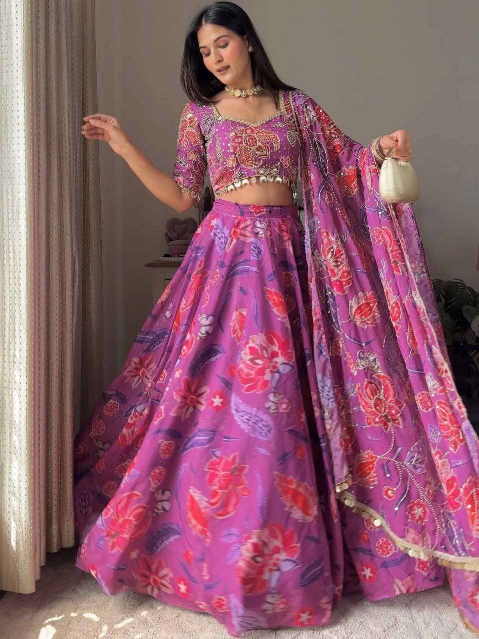 Elegant Printed Georgette Lehenga Set with Sequence & Real Mirror Work