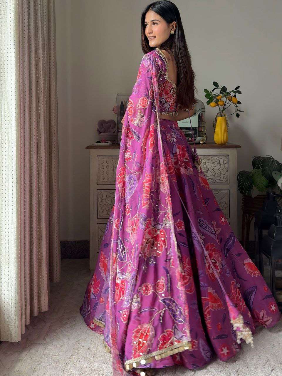Elegant Printed Georgette Lehenga Set with Sequence & Real Mirror Work