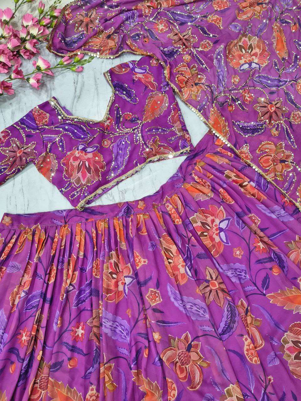 Elegant Printed Georgette Lehenga Set with Sequence & Real Mirror Work