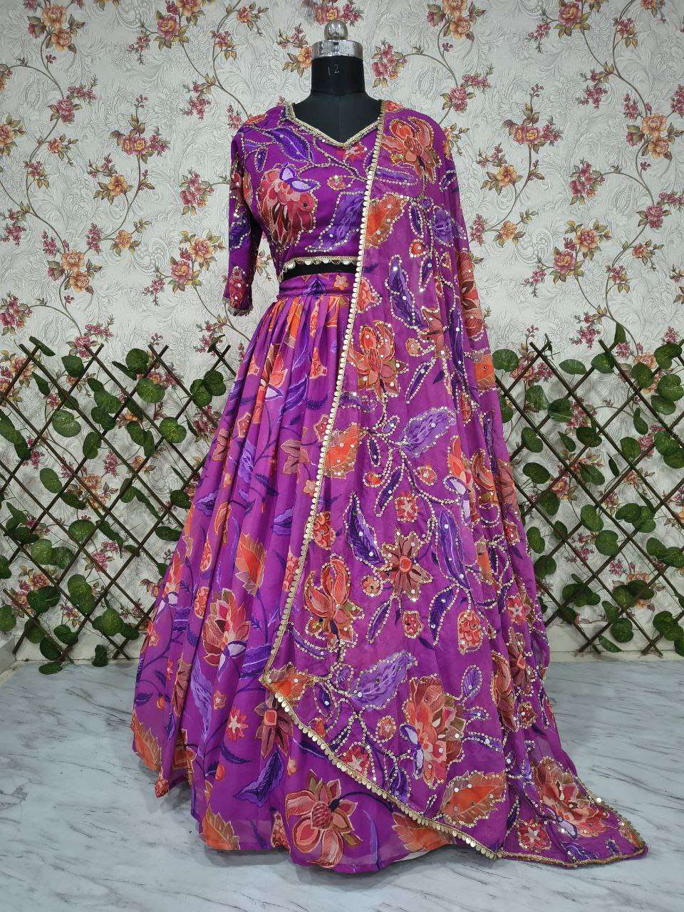 Elegant Printed Georgette Lehenga Set with Sequence & Real Mirror Work