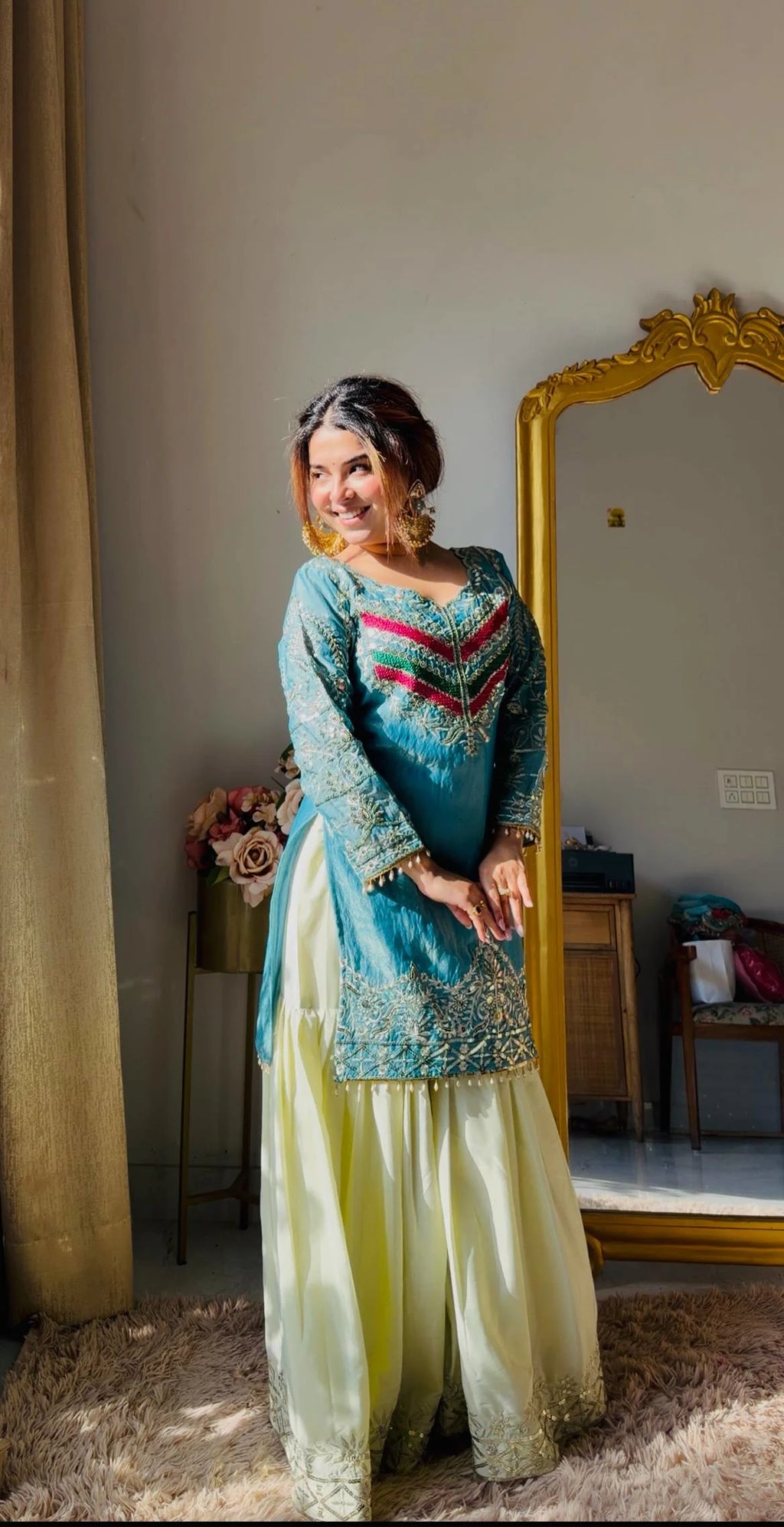 Festive Royalty: Fendy & Crepe Palazzo Set with Intricate Embroidery & Organza Dupatta