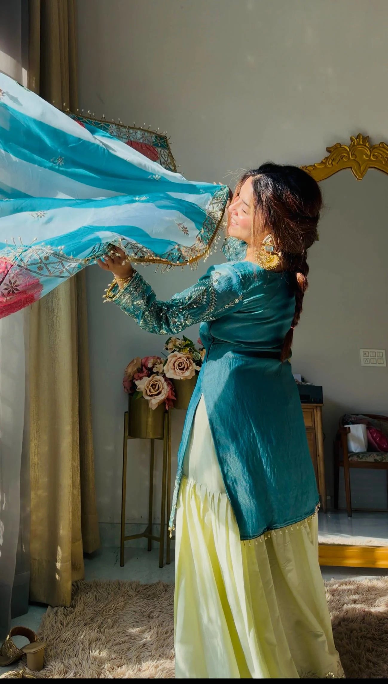 Festive Royalty: Fendy & Crepe Palazzo Set with Intricate Embroidery & Organza Dupatta