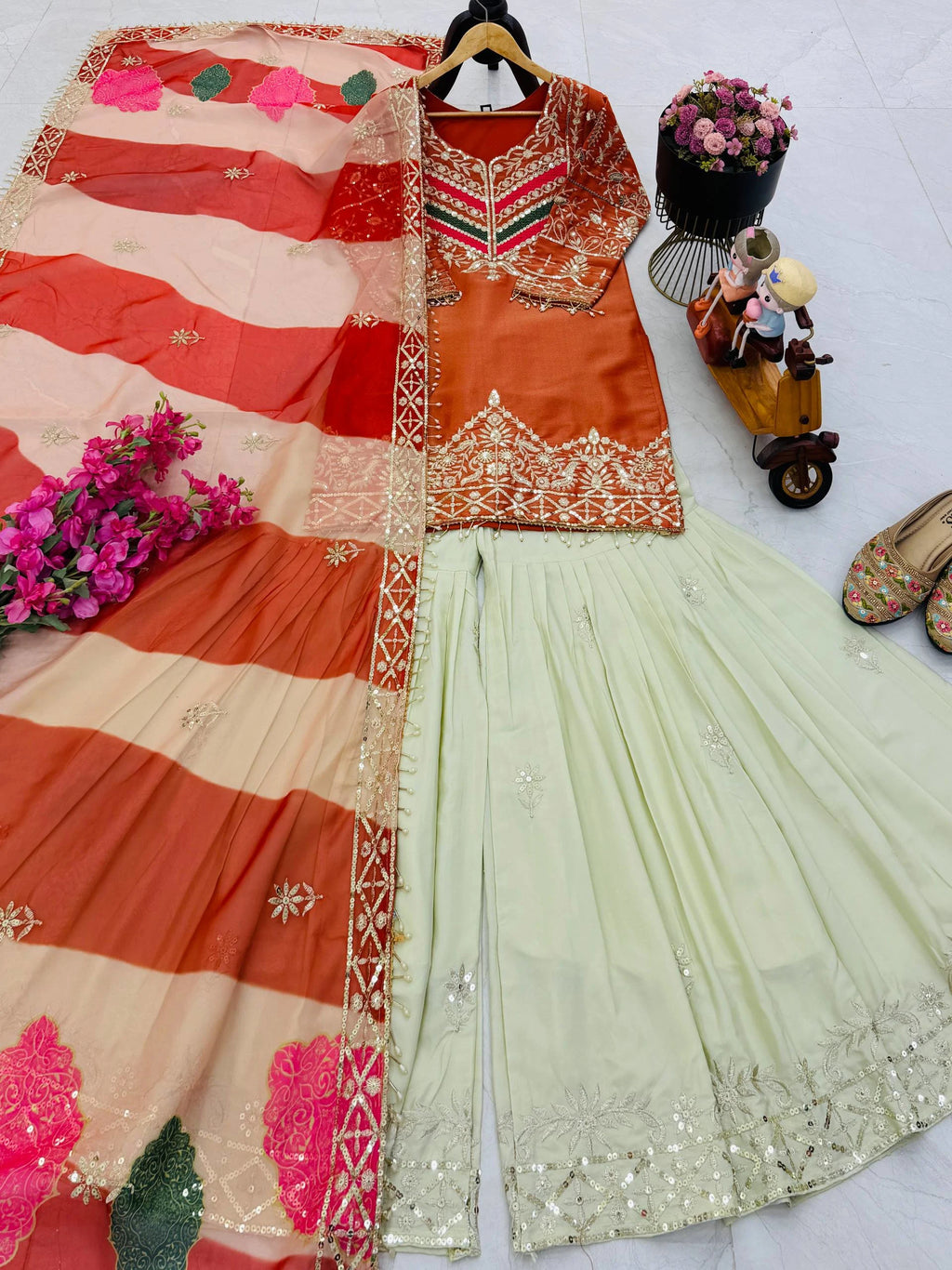 Wedding Ready Glam: Heavy Sequence Work Top Palazzo Set with Designer Dupatta