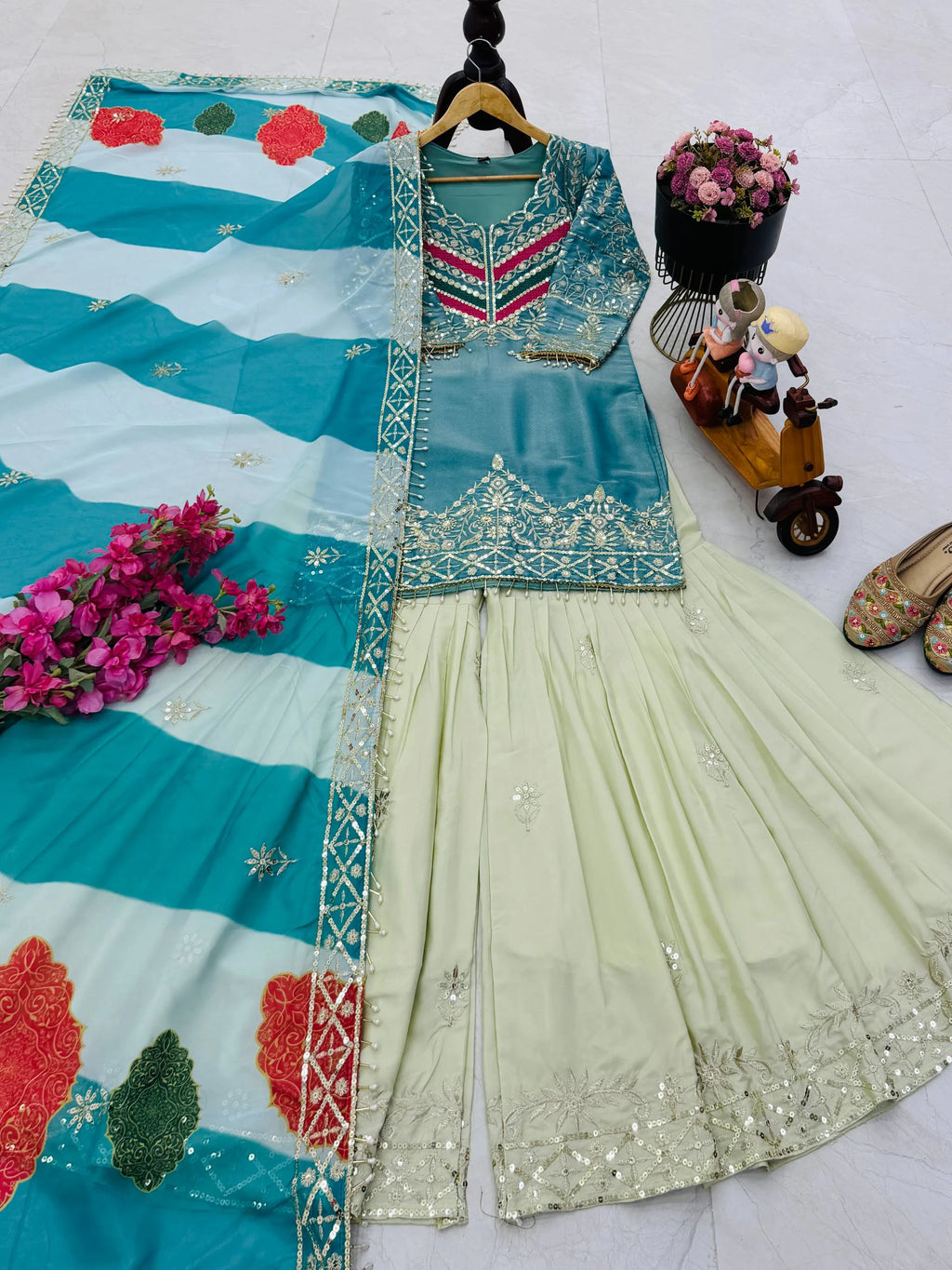Festive Royalty: Fendy & Crepe Palazzo Set with Intricate Embroidery & Organza Dupatta