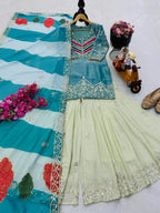 Festive Royalty: Fendy & Crepe Palazzo Set with Intricate Embroidery & Organza Dupatta