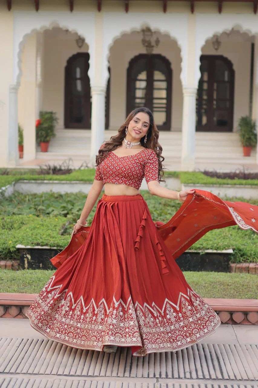 Heavy Sequins Embroidered Vichitra Silk Lehenga with Unstitched Blouse & Designer Dupatta