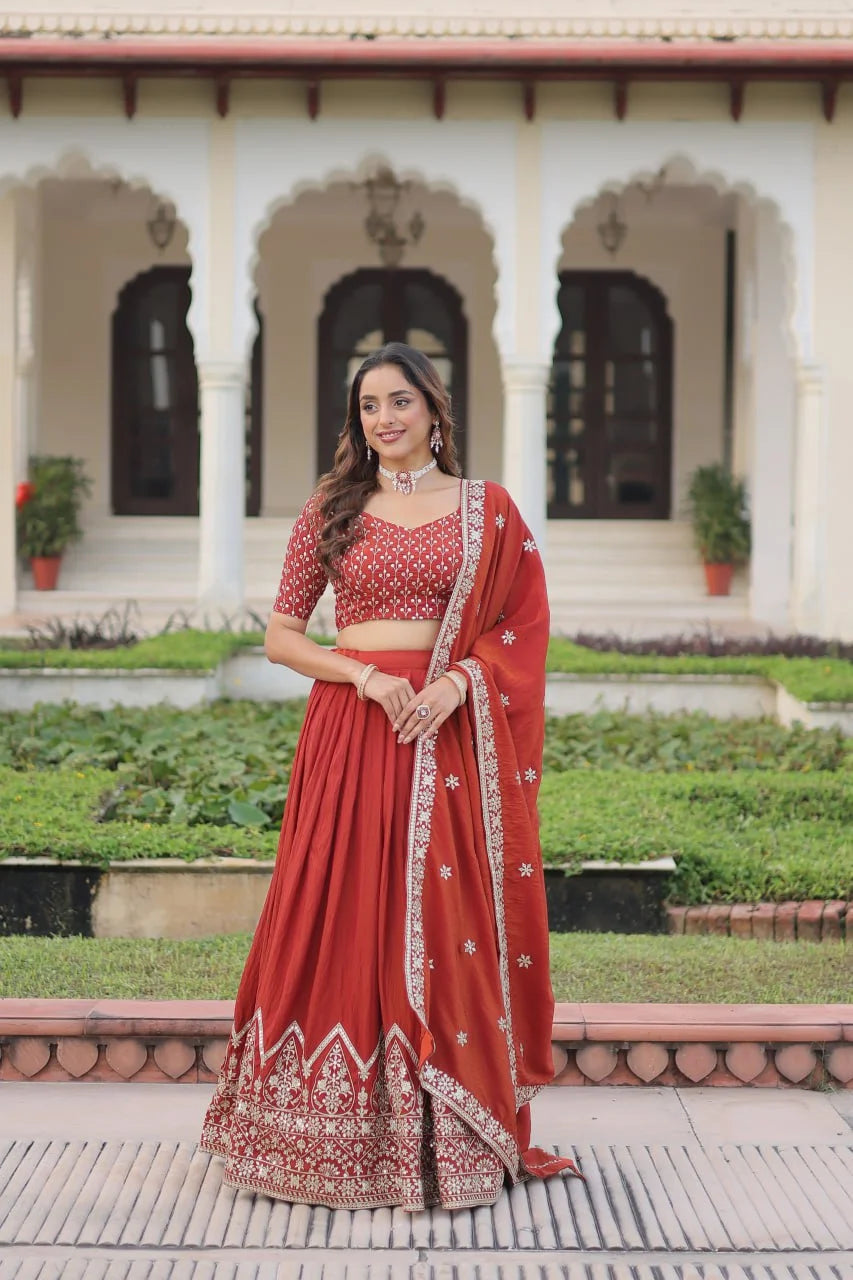 Heavy Sequins Embroidered Vichitra Silk Lehenga with Unstitched Blouse & Designer Dupatta