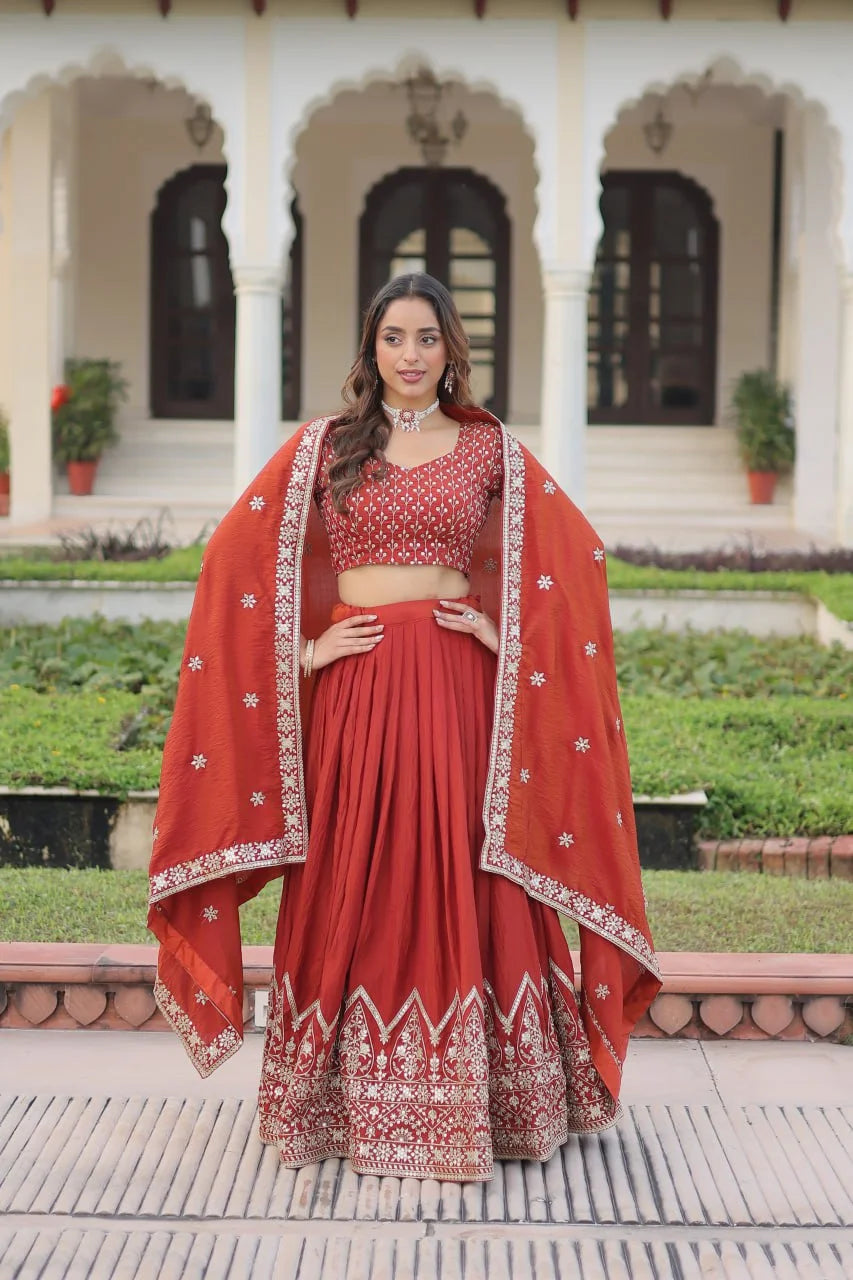Heavy Sequins Embroidered Vichitra Silk Lehenga with Unstitched Blouse & Designer Dupatta