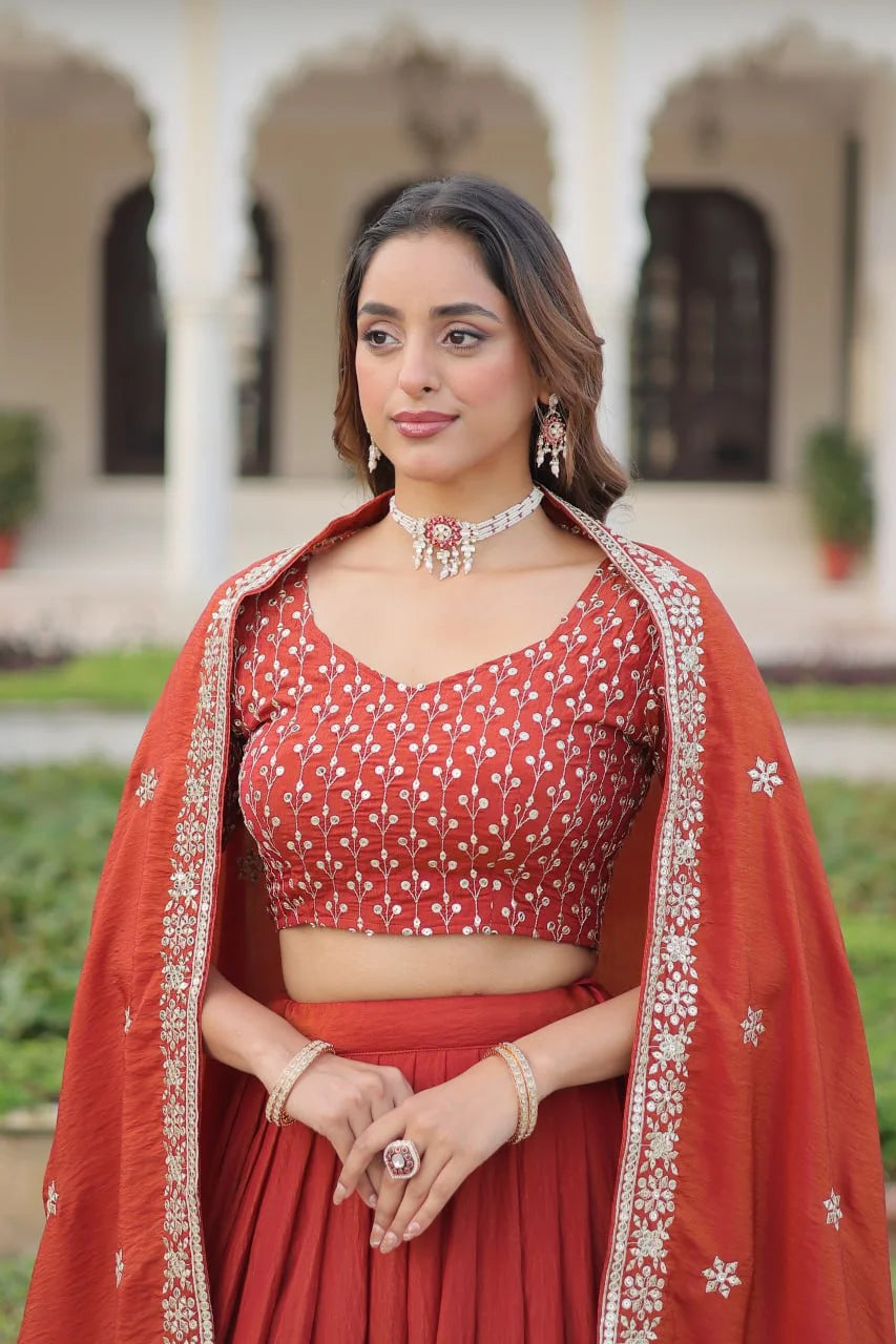 Heavy Sequins Embroidered Vichitra Silk Lehenga with Unstitched Blouse & Designer Dupatta