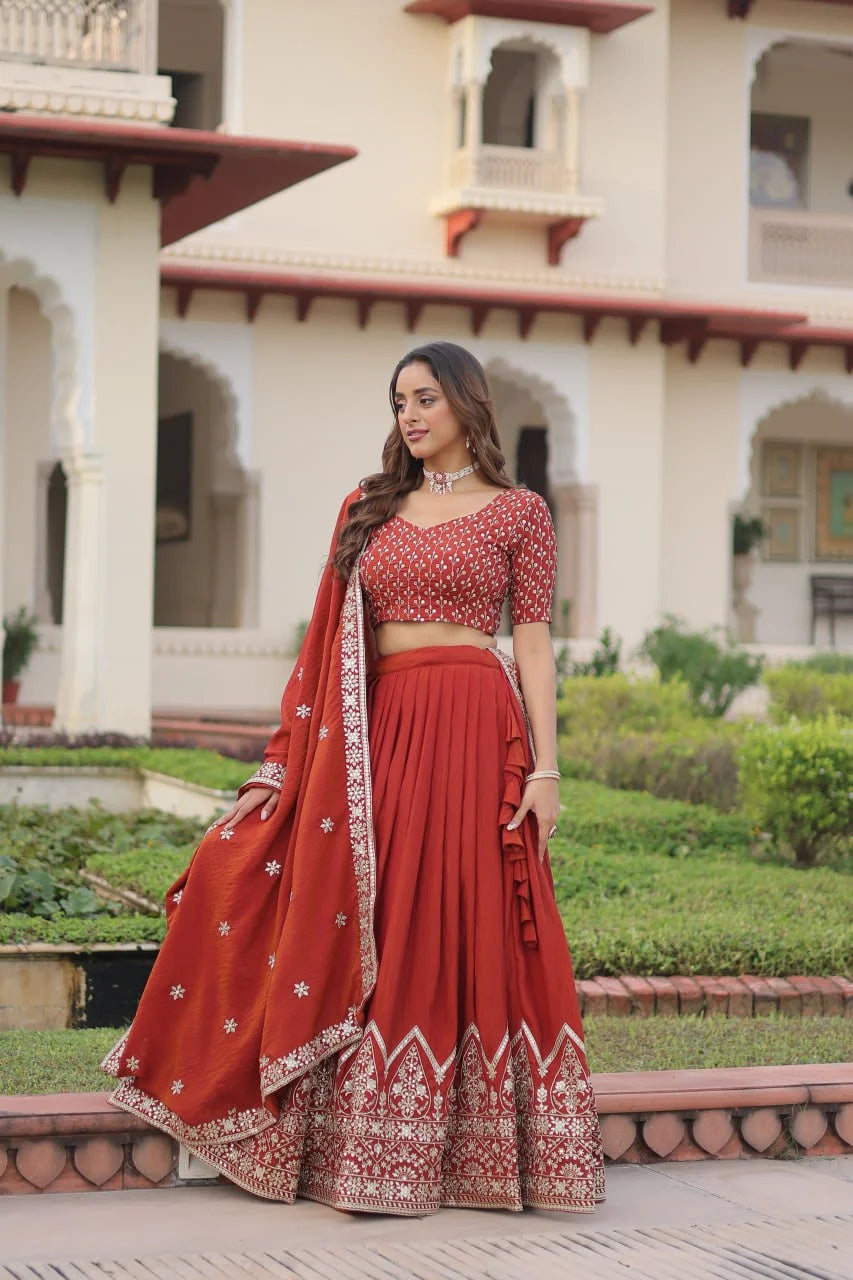 Heavy Sequins Embroidered Vichitra Silk Lehenga with Unstitched Blouse & Designer Dupatta