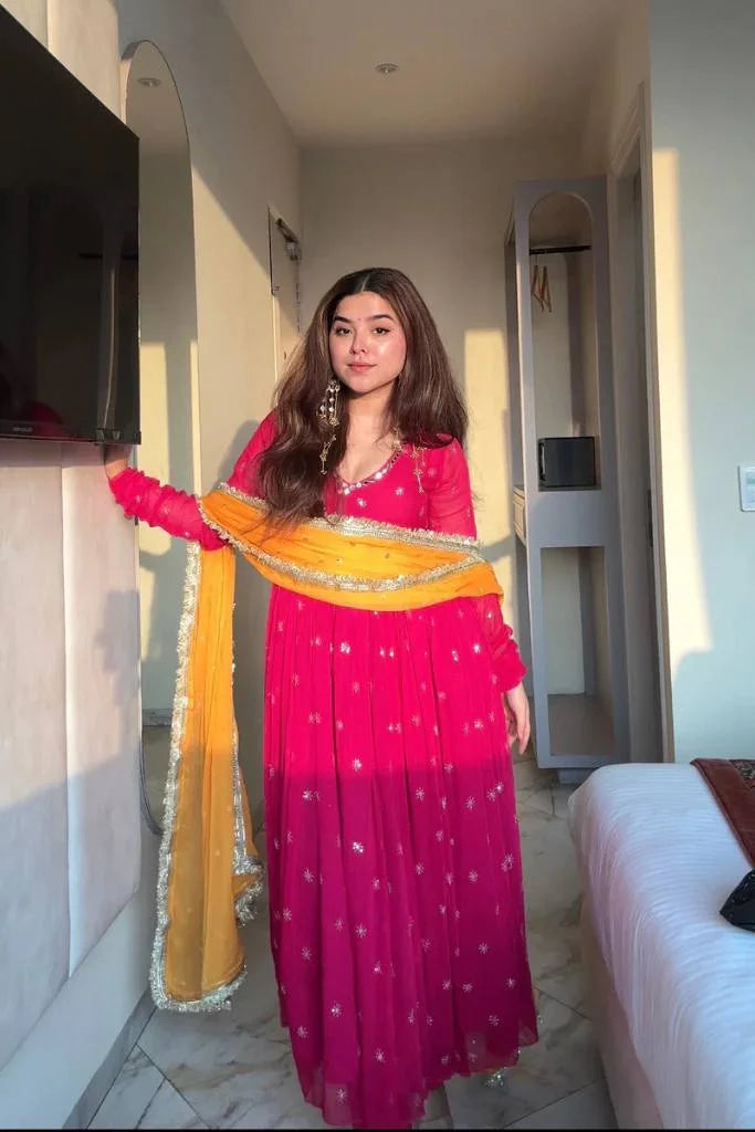 Designer Full-Length Georgette Anarkali Set With Fancy Sleeves & Dupatta