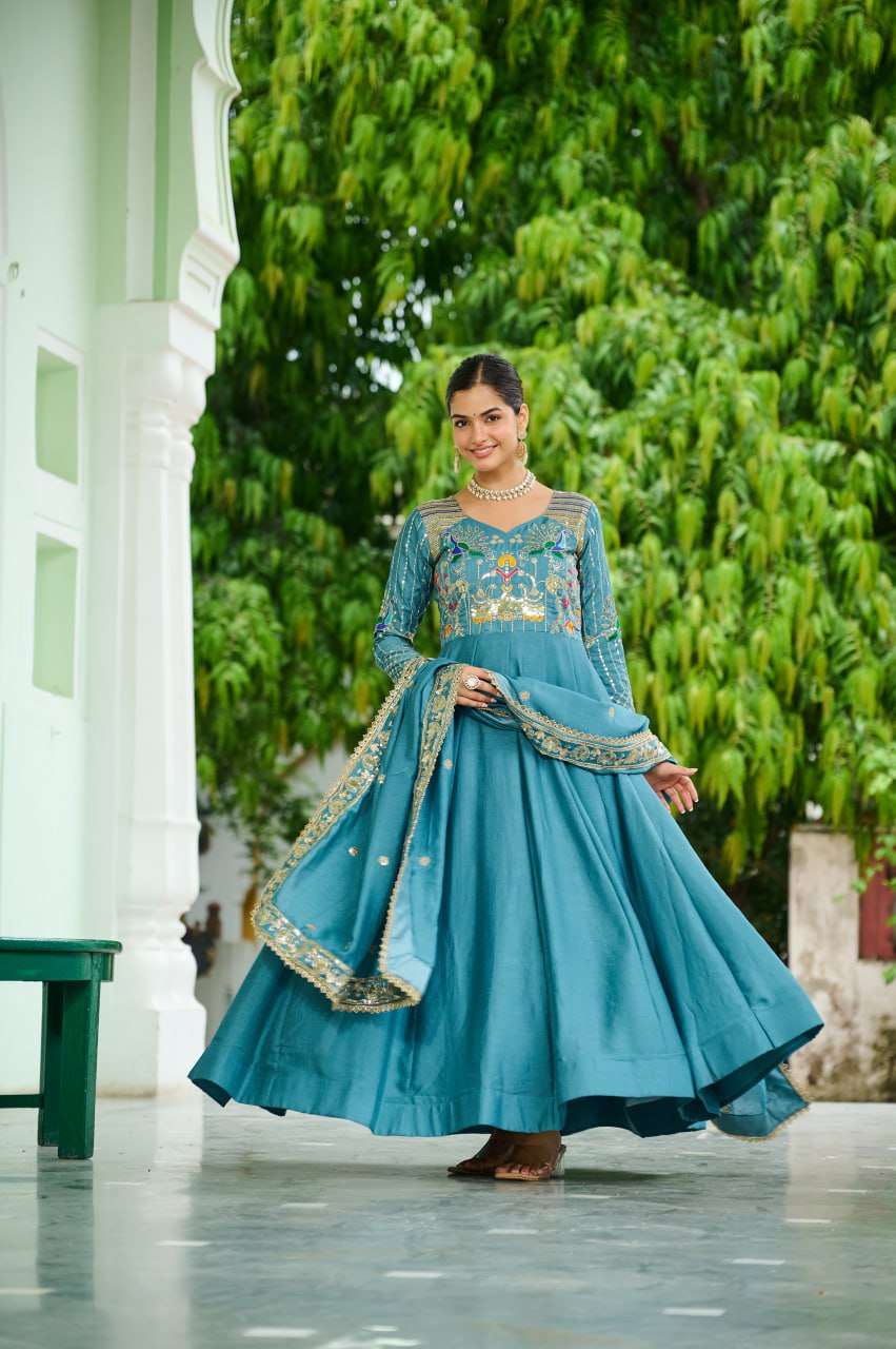 Vichitra Silk Heavy Sequence & Zari Embroidered Gown with Dupatta