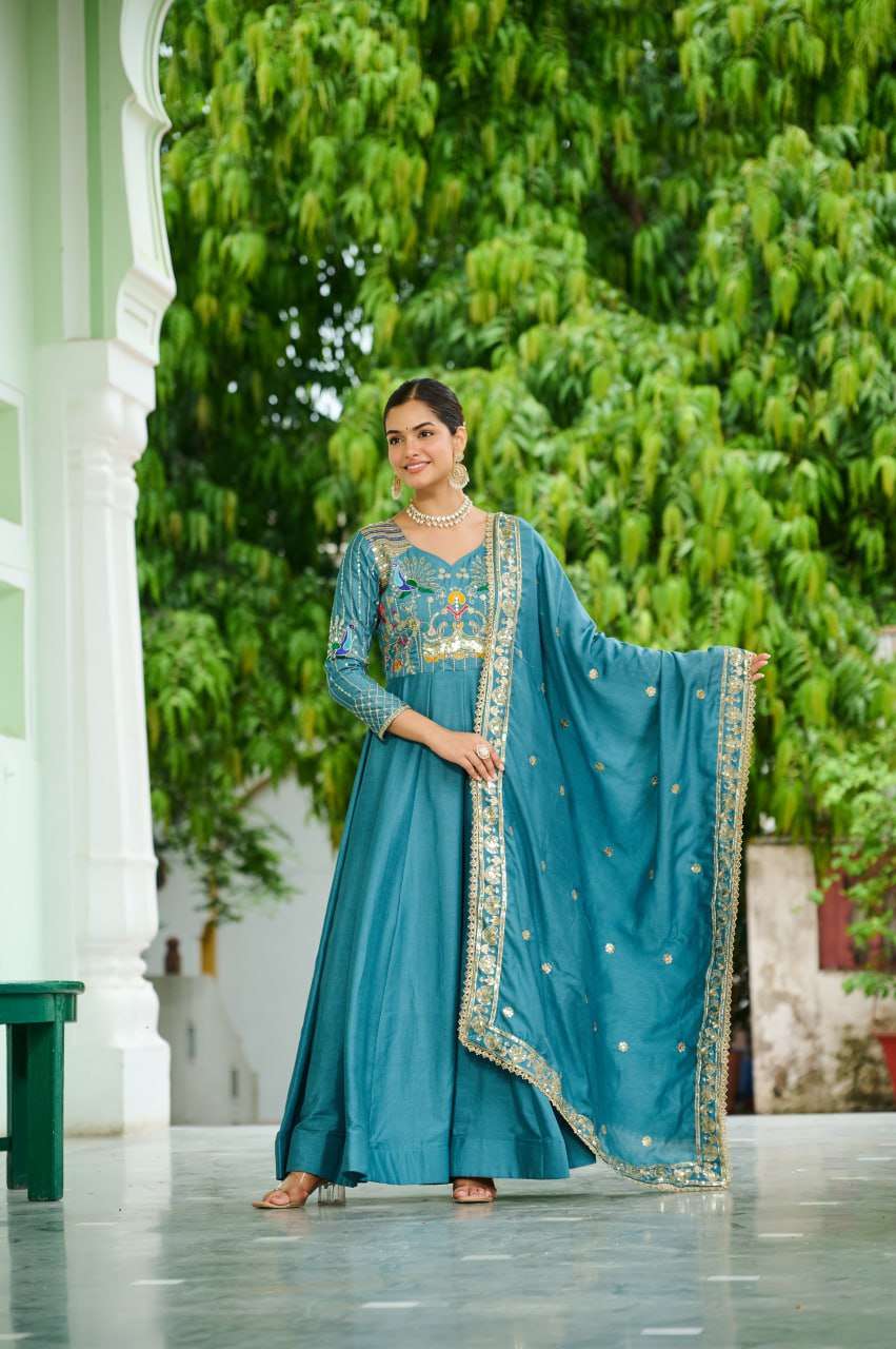 Vichitra Silk Heavy Sequence & Zari Embroidered Gown with Dupatta