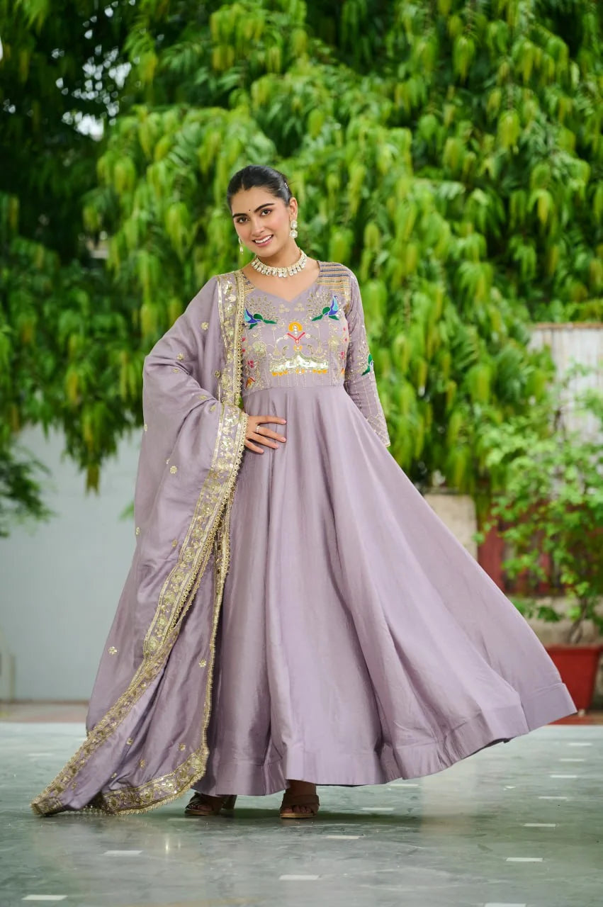 Elegant Vichitra Silk Gown Set with Rich Embroidery & Dupatta