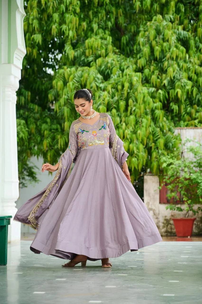 Elegant Vichitra Silk Gown Set with Rich Embroidery & Dupatta