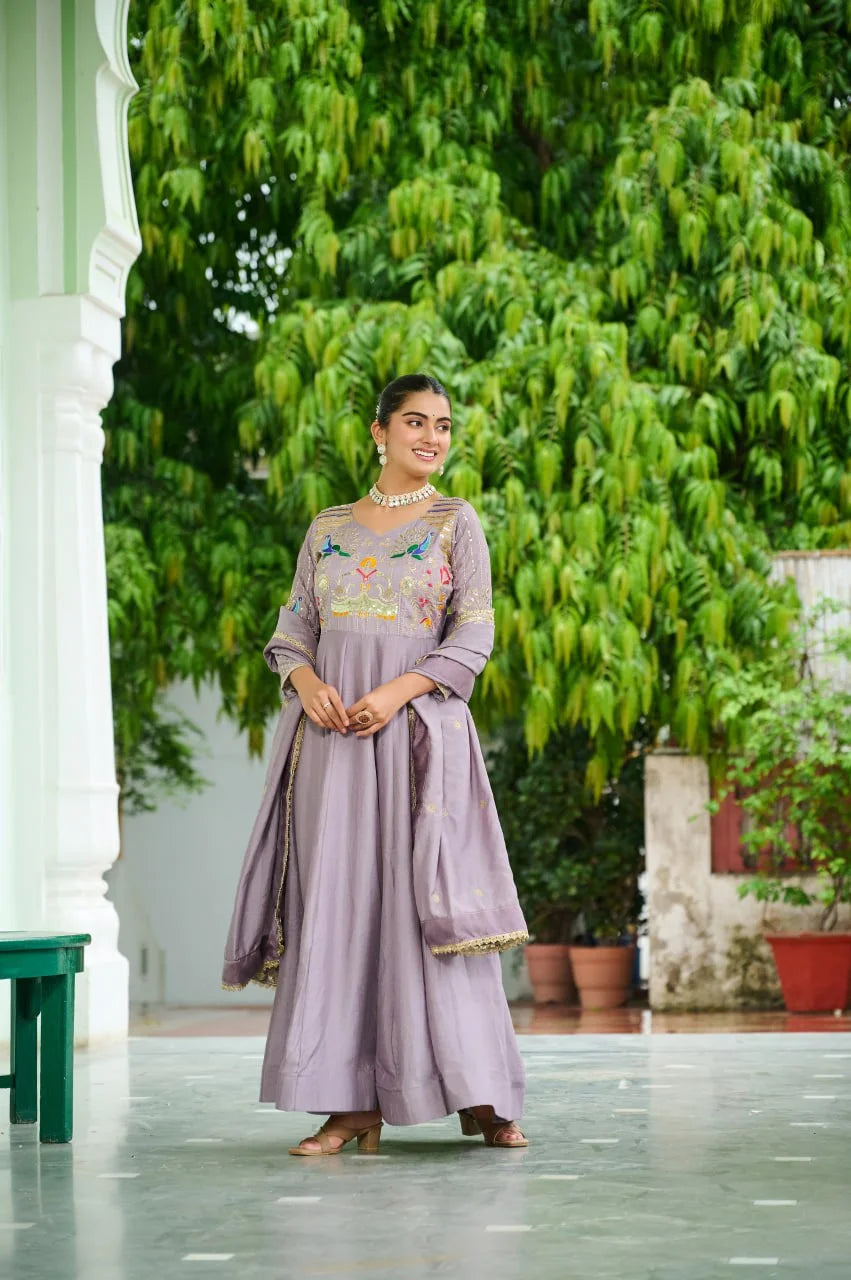 Elegant Vichitra Silk Gown Set with Rich Embroidery & Dupatta